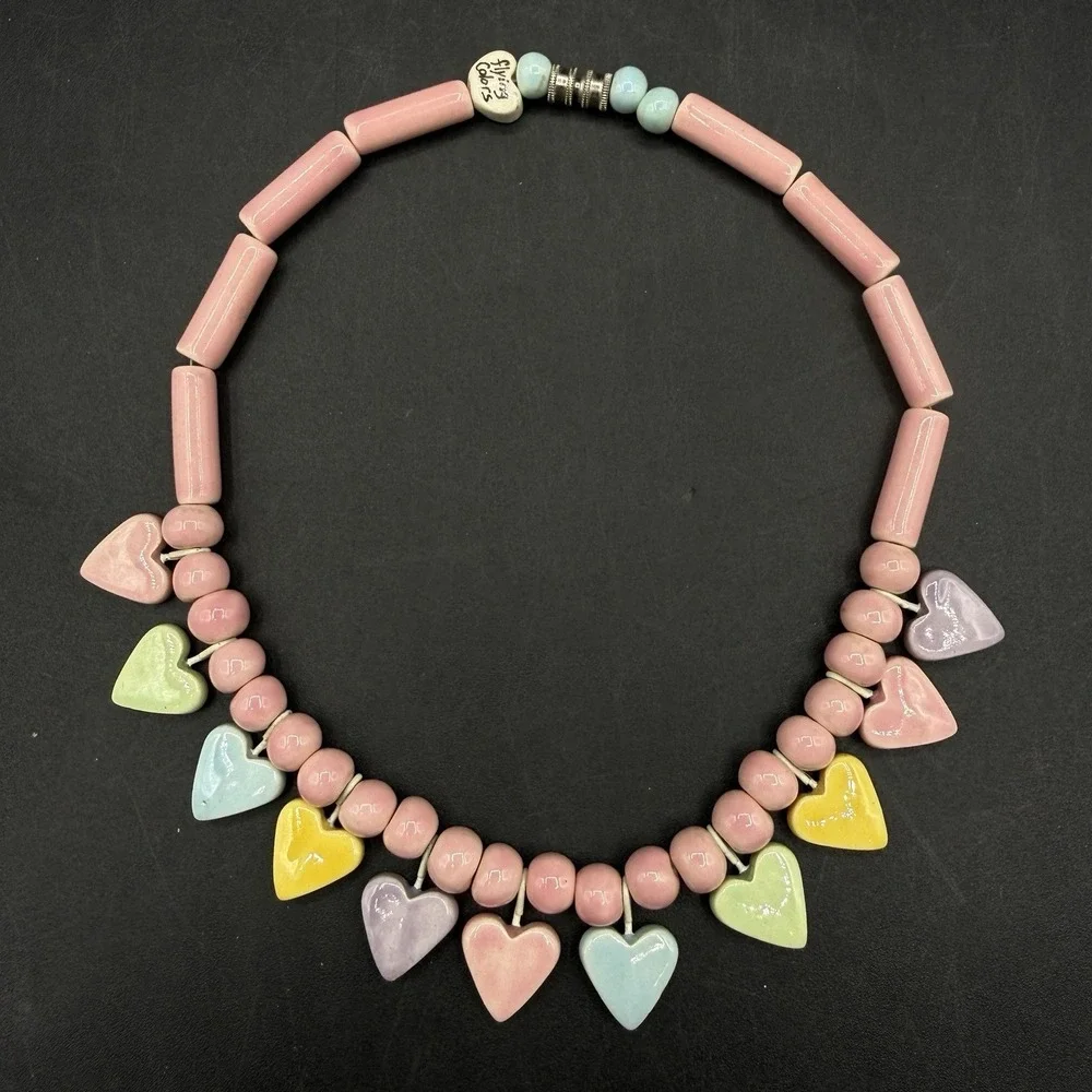Vtg. Flying Colors Hand Painted Ceramic Pastel Heart‎  Necklace Candy Valentines